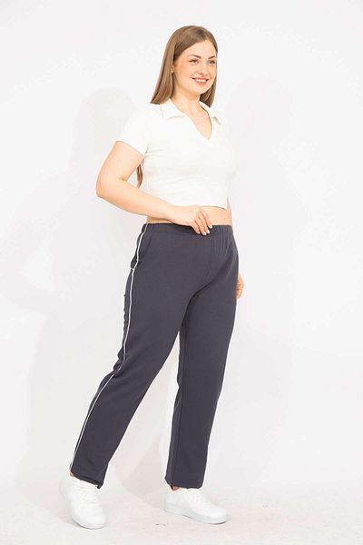 Şans Γυναικείο Navy Blue Large Size Bias Λεπτομερές αθλητικό παντελόνι 65n35627