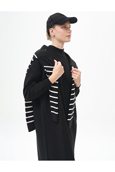 Kayra Düğme Detaylı Triko Elbise Siyah