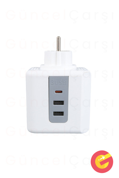 GüncelÇarşı Termal Akım ve Çocuk Korumalı 3 lü Duvar Küp Priz 2xUSB, 1xTYPE-C Isıya Dayanıklı Topraklı Üçlü Priz