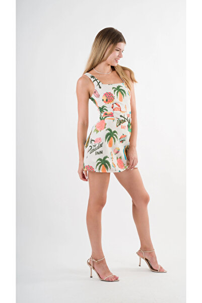 hazelin Μίνι γυναικείο φόρεμα σε κρεμ χρώμα με λουράκι και ζωσμένο τροπικό στάμπα HZL24S-YY297