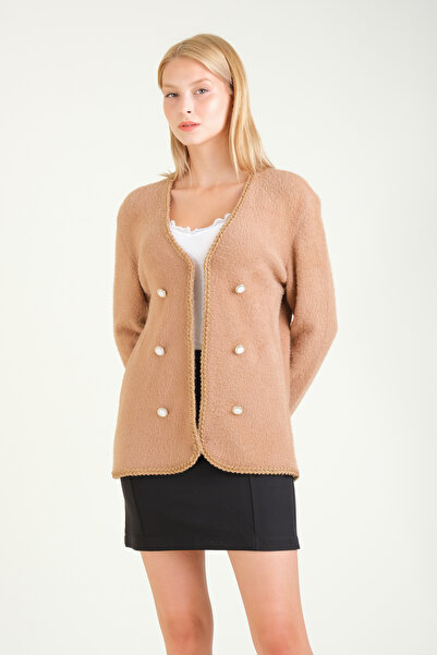 Giyim Dünyası كارديجان نسائي بلون الجمل - مضلع، مزخرف
