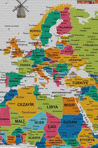 GLOBELUX Wall Cover / Carpet Detailed Current Turkish World Map Quality Canvas Fabric-3981