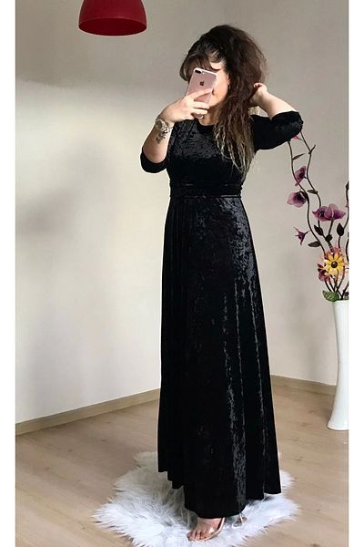 AZRA BUTİK Μαύρο Velvet - Φόρεμα Crew Neck