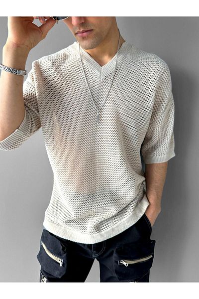 ablukaonline Ανδρικό μπλουζάκι Oversize με λαιμόκοψη V μπεζ
