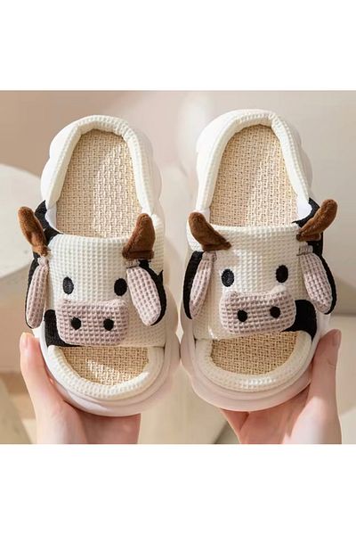 milyon shoes Cute Cow Design Linen Slippers (from Abroad)