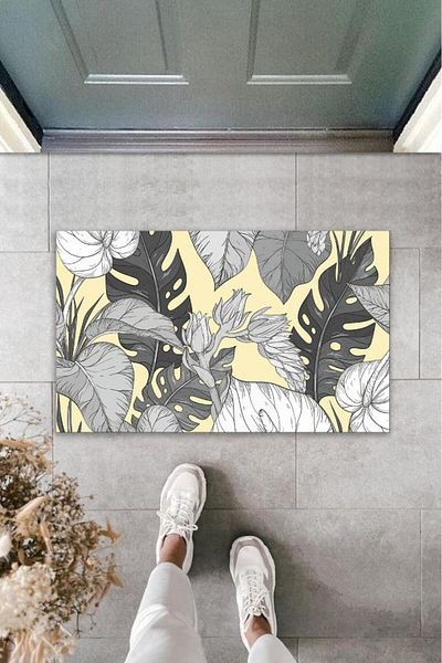 GLOBELUX Gray Leaf Patterned Digital Printed Doormat - Outdoor K-2106