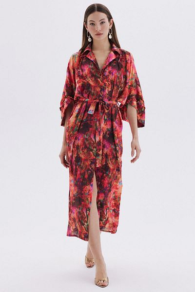 Feu De Elu Long Satin Dressing Gown -SeillePatterned Kimono