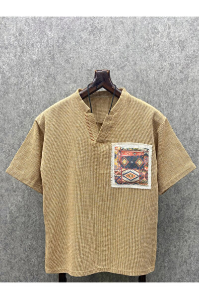 FıttingRoom Bohemian Oversize Earth Cotton Linen T-Shirt - Handcrafted Detail...
