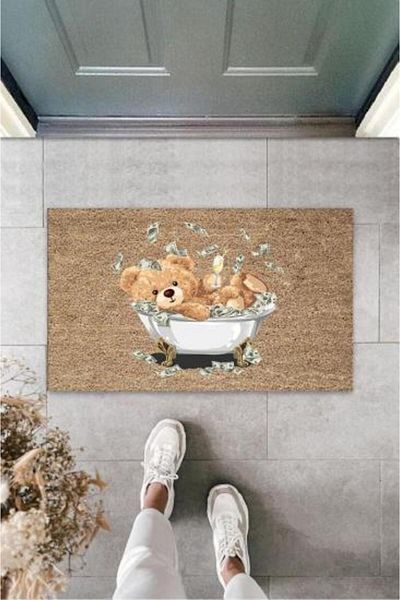 Lasirius Decorative Digital Money in the Bathtub Teddy Bear Beige Door Mat Outdoor Doormat