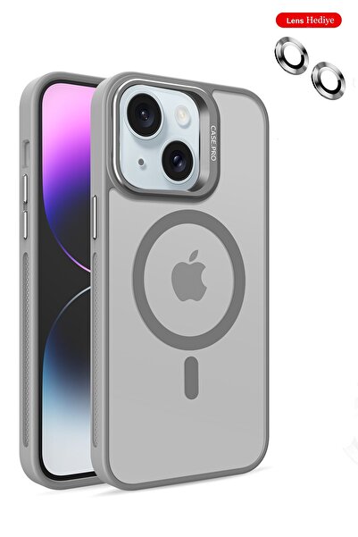 HappyCase iPhone 15 Plus Armor Lens Standlı Kılıf Lens Magsafe Kapak - Gri