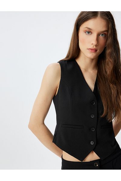 Koton Blazer Jacket με κουμπιά V-λαιμόκοψη Slim Fit Crepe Scuba ύφασμα