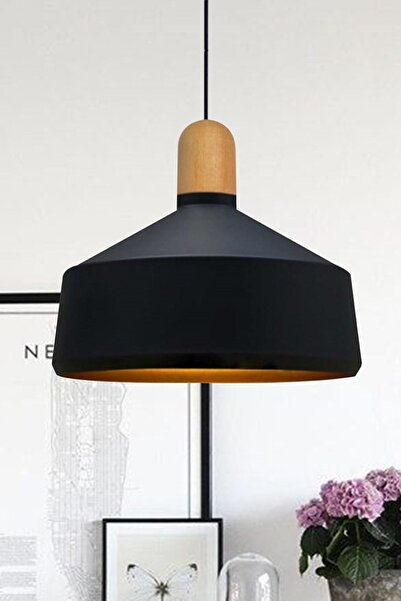 Bamyum Geniş Siyah Ahşap Başlık Tekli Avize Salon Mutfak Oturma Odası Otel Ca...