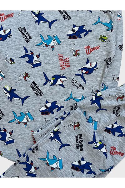 Şımarık Boy's Cotton Shark Piranha Patterned Gray Long Sleeve Seasonal Pajamas Set