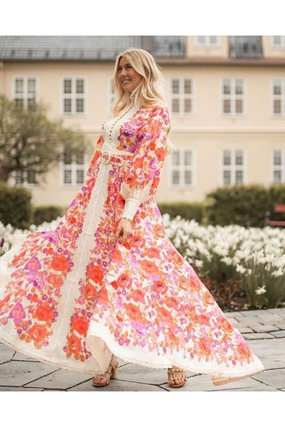 WellWay Rochie cămașă cu imprimeu floral cu detaliu din dantelă din țesătură Atlas (INCLUDE CREAȚĂ)-roșu-2410 Nhn999