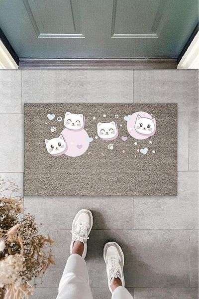 Lasirius Digital Printing Gray Hearted Pink Sleepy Cats Decorative Door Mat