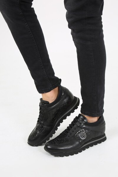 CassidoShoes Black Leather Crocodile Eva Sole Lace-Up Sports Shoes 023-77140