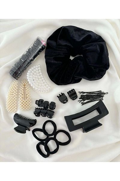 Eylülün Takısı Women's Black Color and Pearl 10 Types Latch-Rubber-Snap-Wire Buckle Set