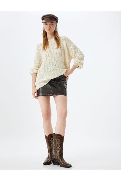 Koton Crew Neck Knitwear Hair Knitted Textured Oversize Sweater