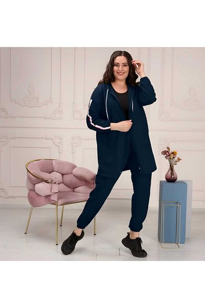 CNG MODA Plus Size Tomy Zippered Hooded Tracksuit Set Navy Blue