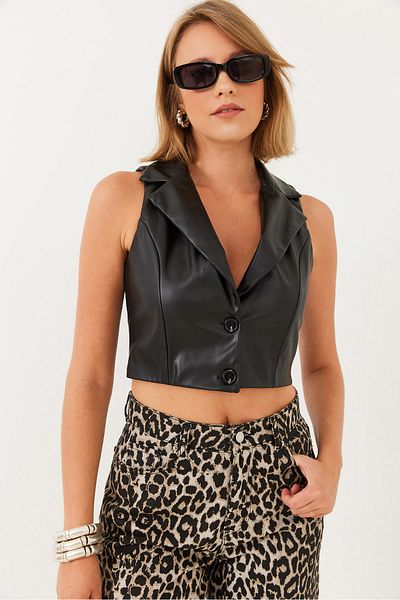 Bianco Lucci Women's Double Breasted Collar Leather Vest 60251823