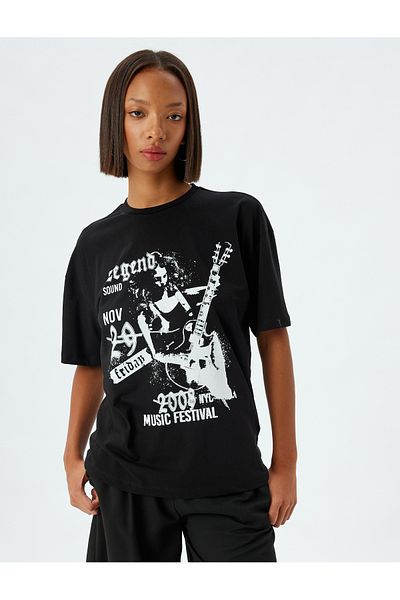 Koton Tricou oversize, cu slogan imprimat, decolteu, mânecă scurtă din bumbac