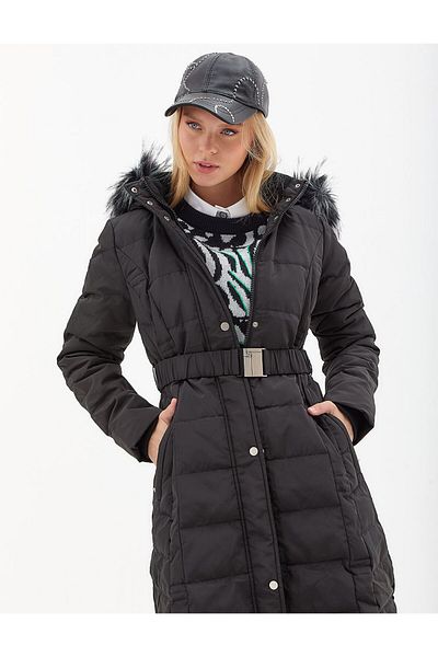 Kayra Black Belted and Feather Padded Jacket