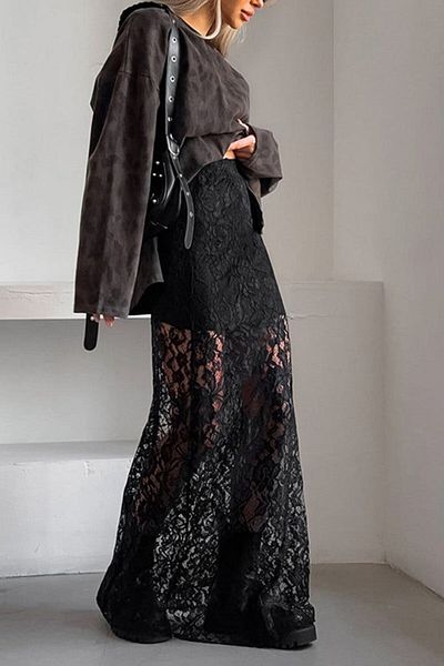 DEEP BEACH Retro Lace Maxi Skirt