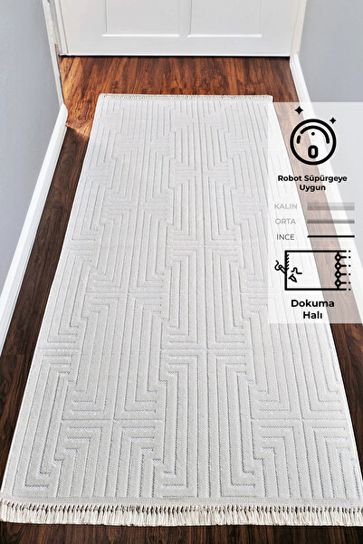 Konfor Halı Konfor Beyaz Hasır Modern Sosa 9002 Örme Tabanlı Dokuma Yolluk Halı