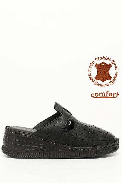 GÖNDERİ(R) Women/Girls Black Genuine Leather Wedge Heeled Slippers