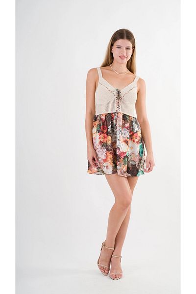 hazelin Green Patterned Satin Mini Dress - V-Neck and Belted Ring Detail Hzl24S-Yy250