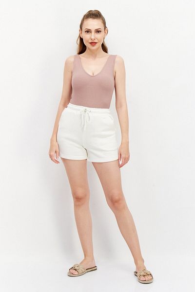 NA-KD Women Drawstring Solid Basic Shorts, Cream