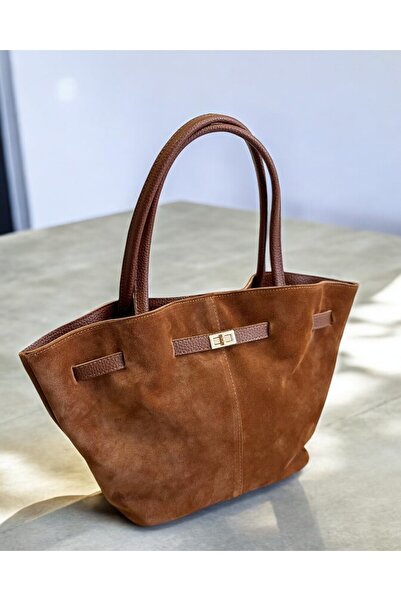 LAVEN Kadın Hakiki Süet Deri Mıknatıs Kapama Detaylı El ve Omuz Çantası