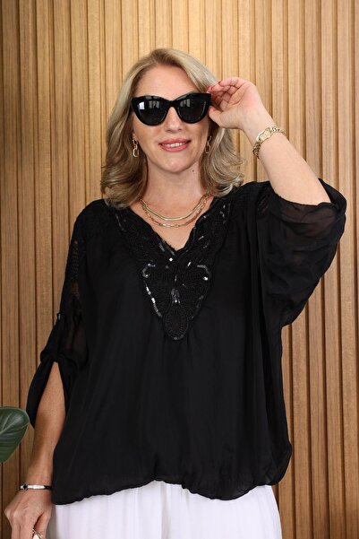 MİSLİNA BUTİK İthal İpek Dantel Yaka Detay Siyah Bluz