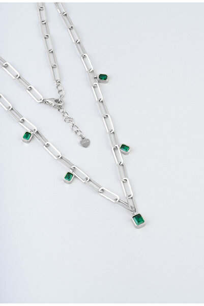 So CHIC... Zümrüt Şıklığı 18 Ayar Beyaz Altın Kaplama 45 Cm Gümüş Zincir Kolye