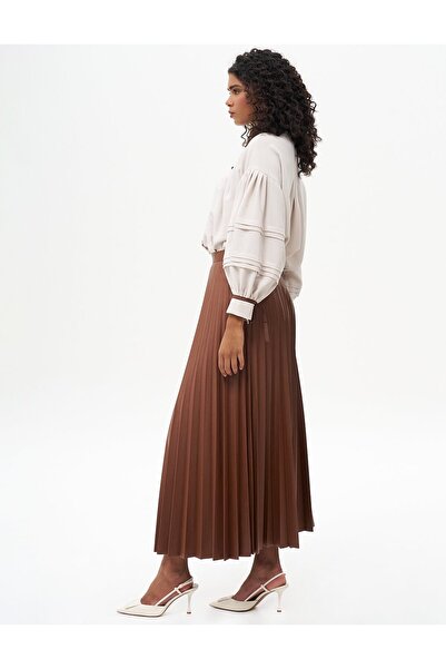 Kayra Fermuar Detaylı Suni Deri Piliseli Etek Taba