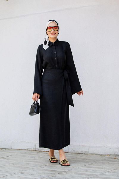 Tesettür Çarşım Black Linen Wrap Skirt Set