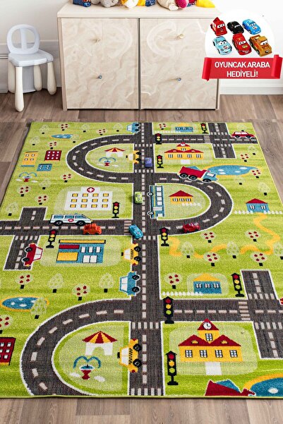 Odeon Halı 3 Boyutlu Yeşil Trafik Arabalı Dokuma Çocuk Oyun Halısı