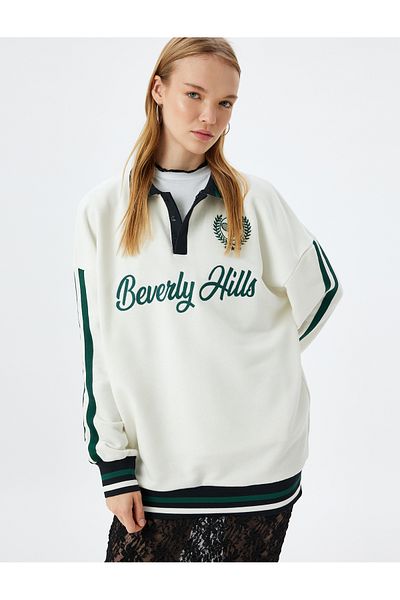 Koton Oversize Polo Collar Sweatshirt - College Embroidered, Stripe Detailed, Buttoned