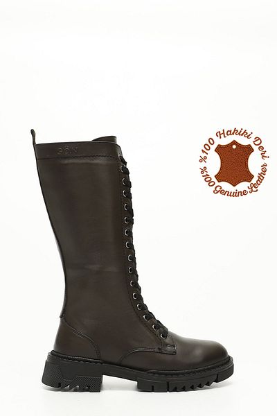 GÖNDERİ(R) Women / Girls Khaki Antique Zippered Thick Heeled Genuine Leather Boots