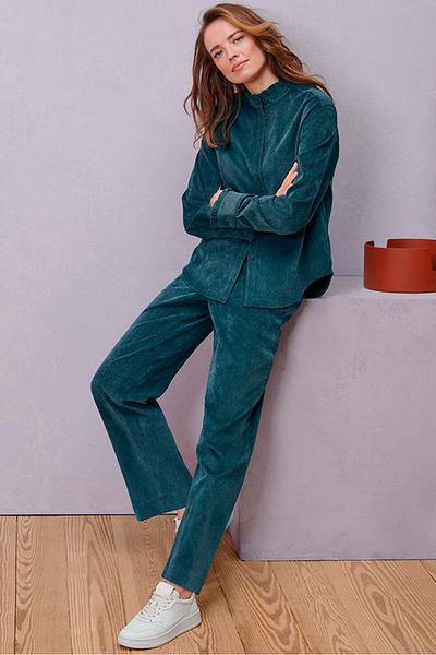 Tchibo Women Regular Fit Ribbed Wide Leg Pants, Dark Sage