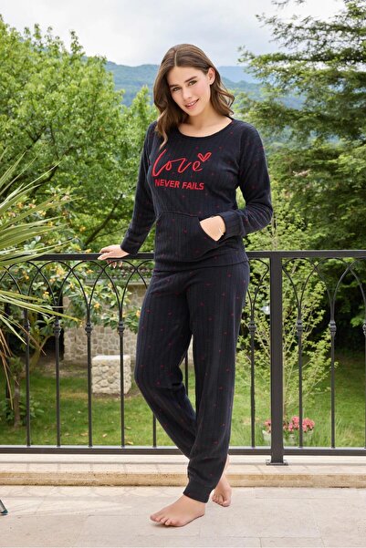 Pemilo Set de pijamale din lână albastru bleumarin cu nervuri - Femei 3730-1