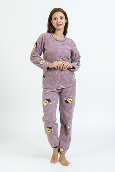 Pemilo Σετ γυναικεία φλις πιτζάμες με μωβ μοτίβο 177 ποδιών