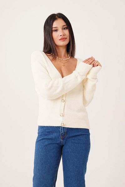 Hipo Trend Bearded Buttoned V-Neck Ecru Knitwear Cardigan