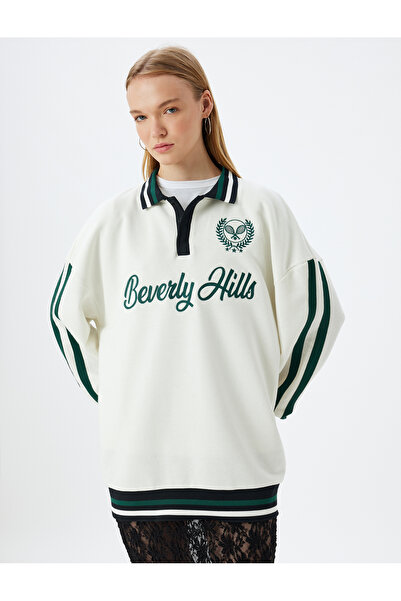 Koton Oversize Polo Collar Sweatshirt - College Embroidered, Stripe Detailed, Buttoned