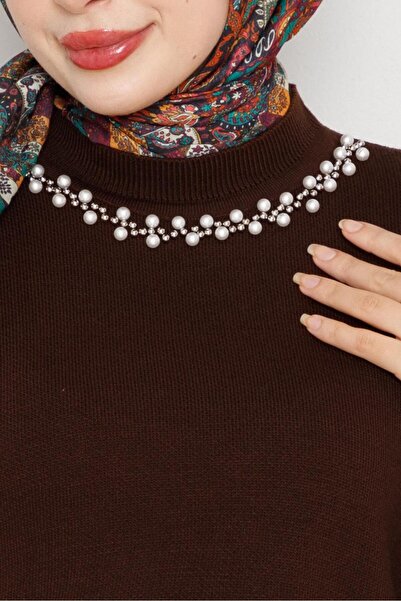 Sevitli Brown Cropped Pearl Detailed Knitwear Dress