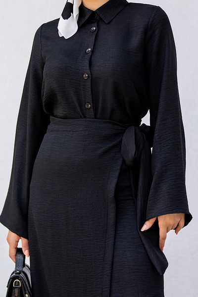 Tesettür Çarşım Black Linen Wrap Skirt Set