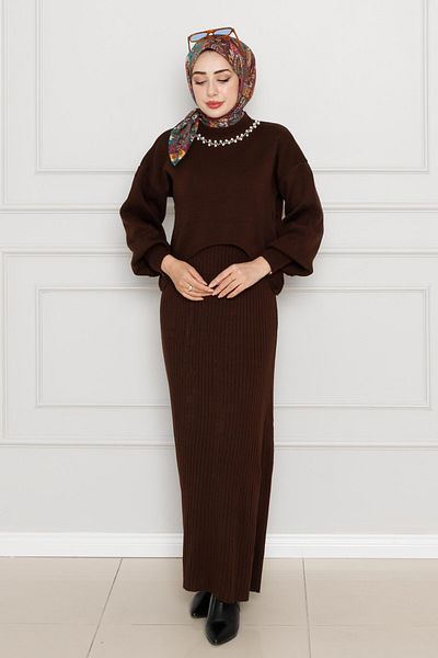 Sevitli Brown Cropped Pearl Detailed Knitwear Dress