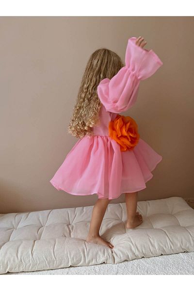 Linola Baby Kids Pink Chiffon Rose Detailed Girl's Party Dress - Rosem