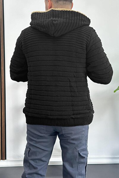 Edwox Ανδρική πλεκτή ζακέτα με φερμουάρ και κουκούλα με επένδυση από γούνα, μαύρη T743