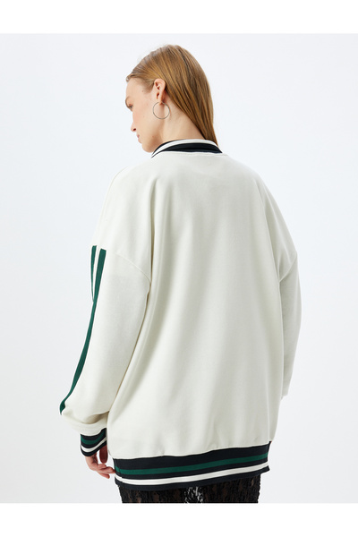 Koton Oversize Polo Collar Sweatshirt - College Embroidered, Stripe Detailed, Buttoned